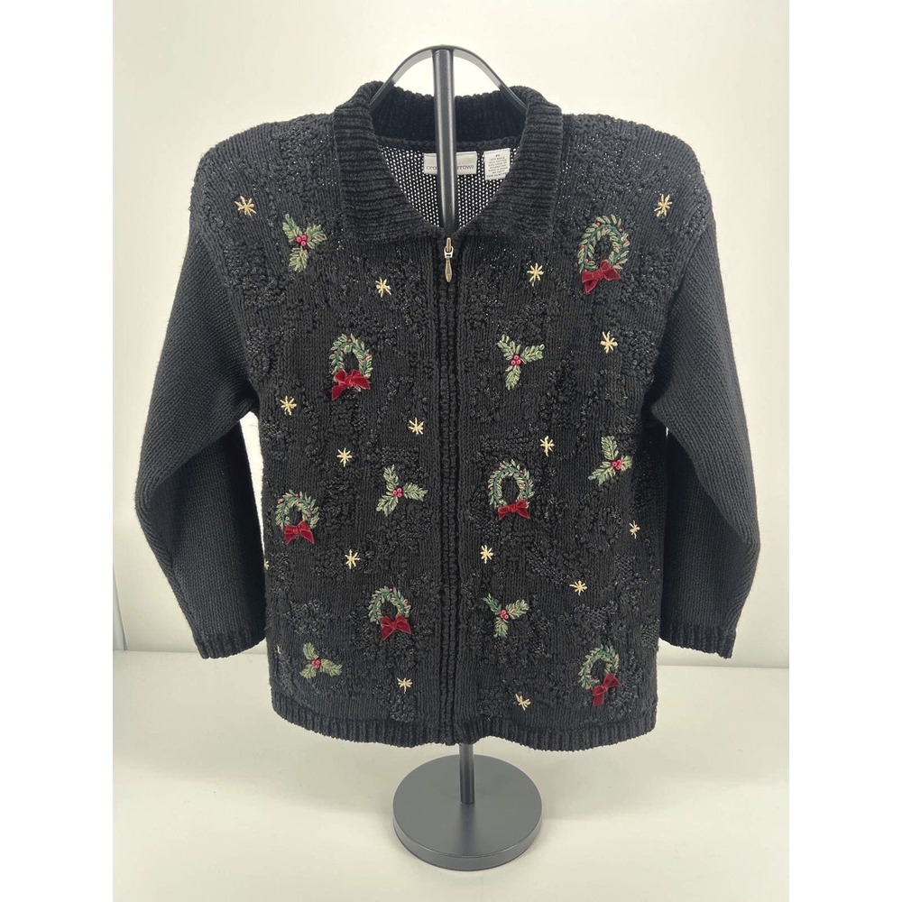 Croft & Barrow Christmas Cardigan Zip Black Medium‎ Wreath Holly Star Sweater